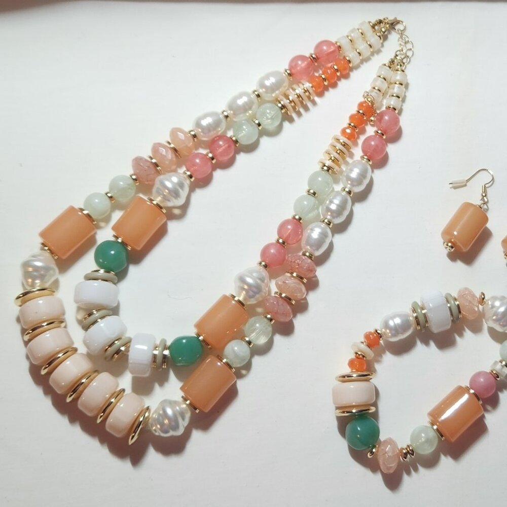 THREE FOR $20 costume set necklace bracelet earrings peach green gold tone NEW